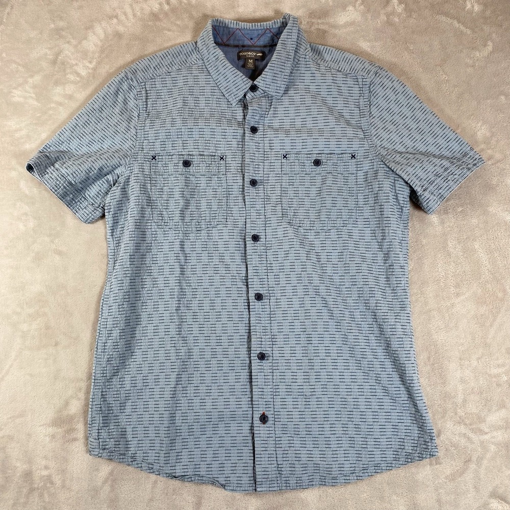 Toad And Co Shirt Mens M Slim Fit Button Up Textured Collared Pockets Logo Blue